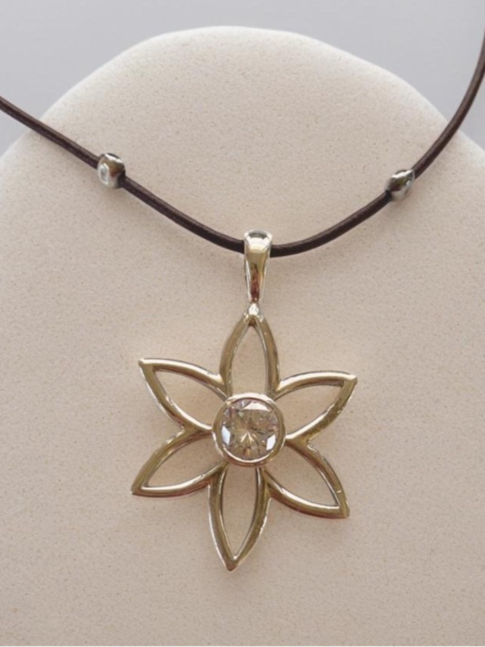 Silpada Sterling Floral , CZ Pendant with 30” inch leather cord. S1195